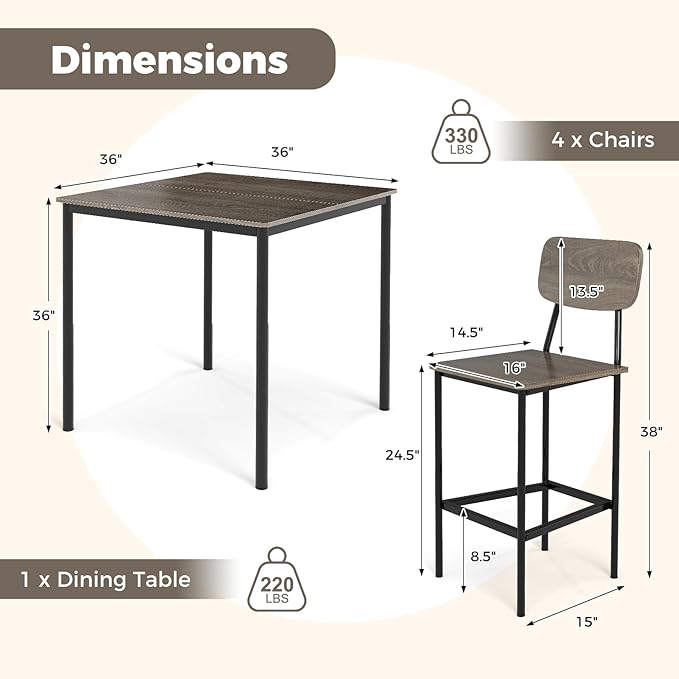 COSTWAY Dining Table Set for 4, 5-Piece Square Kitchen Nook Dinette Set with 4 Bar Stools with Footrest, Backrest, Space-Saving Design, Industrial Kitchen Table and Chairs for Apartment, Grey
