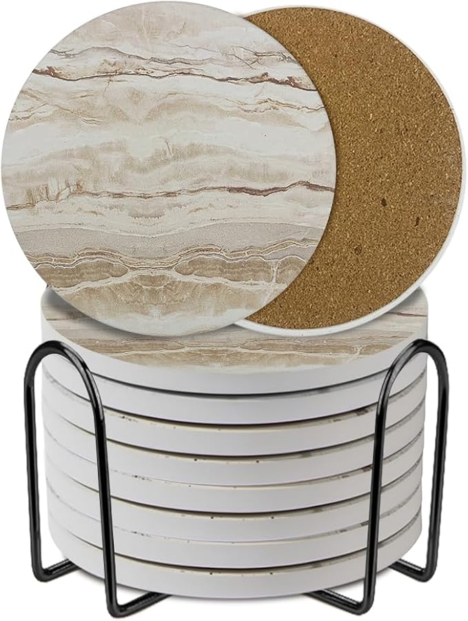 Ceramic Coasters Set of 6, Marble-Textured Design with Holder - Absorbent Cork-Backed Coasters for Cups, Bar & Coffee Table Decor Accessories (Khaki Marble, 8 Pack)