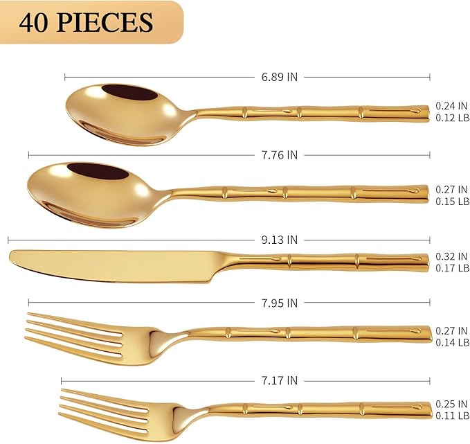 DEACORY Silverware Set Gold Bamboo Pattern Handle Flatware Set, 40-Piece Stainless Steel Cutlery Set Service for 8