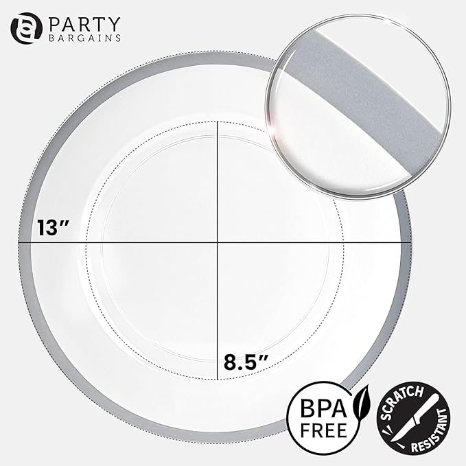 PARTY BARGAINS 13-Inch Charger Plates - 4 Pack, Clear Silver Rim, Heavy-Duty Disposable Chargers for Elegant Dining - Ideal for Weddings and Formal Events