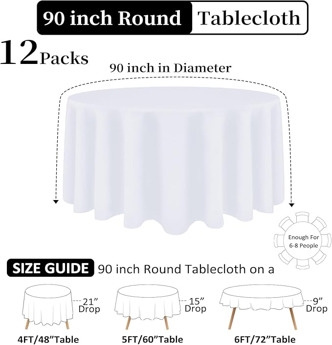 12 Pack White Round Tablecloth 90 Inch White Table Cloth Stain and Wrinkle Resistant Reusable and Washable Polyester Fabric Table Covers for Buffet Wedding Party and Banquet