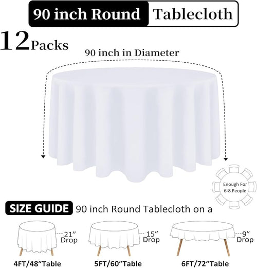 12 Pack White Round Tablecloth 90 Inch White Table Cloth Stain and Wrinkle Resistant Reusable and Washable Polyester Fabric Table Covers for Buffet Wedding Party and Banquet