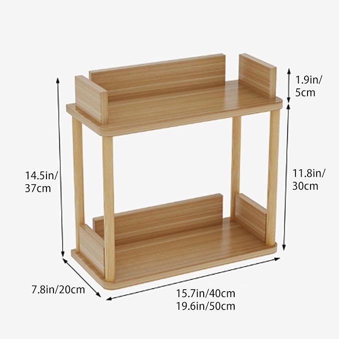 Desktop Organizer Shelf, Multi Tier Wood Tabletop Bookshelf, Space Saving Countertop Storage Rack for Office, Bedroom, Living Room(Light Walnut,19.6 * 7.8 * 14.5in)