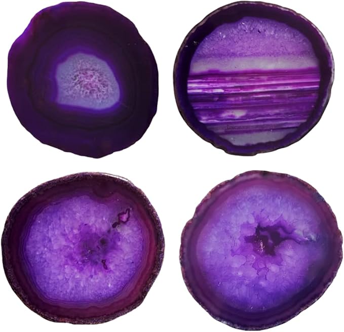 4pcs Agate Coaster for Drinks Purple Irregular Crystal Coasters Dyed with Rubber Bumpers for Coffee Wine or Bar Glasses 4-5"