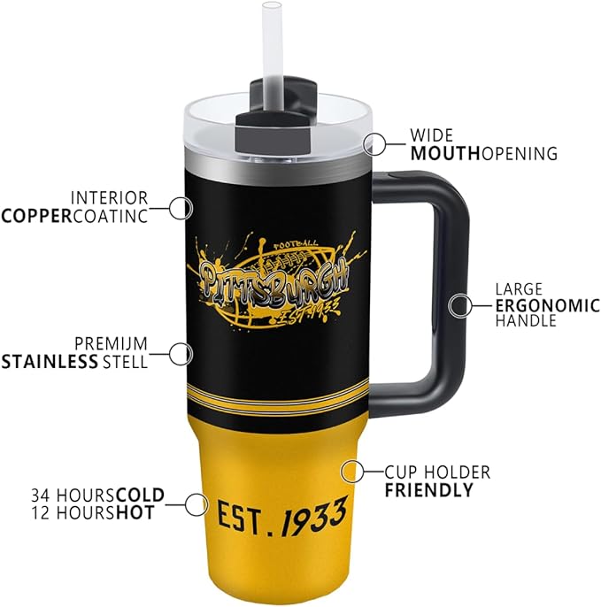 Pittsburgh 30 oz Tumbler with Handle and Straw,Car cup,Coffee Mug,100% Leakproof Insulated Tumbler with Lid and Straw,Made of Stainless Steel,Cup Holder Friendly Base,Classic Collection Gifts for Fans