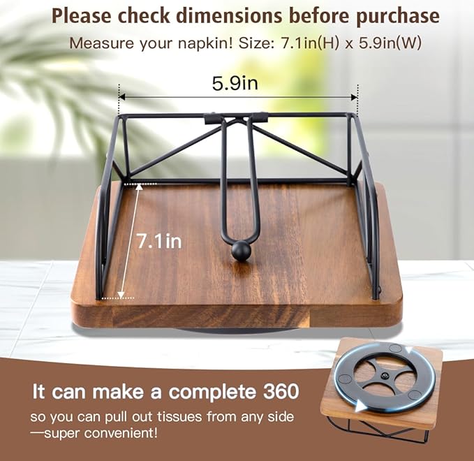 Napkin Holder for Table, Acacia Wood & Metal 360° Rotating Rustic Square Standing Napkin Holders for Paper Napkins, Farmhouse Style Kitchen Dining Table Decor – Black