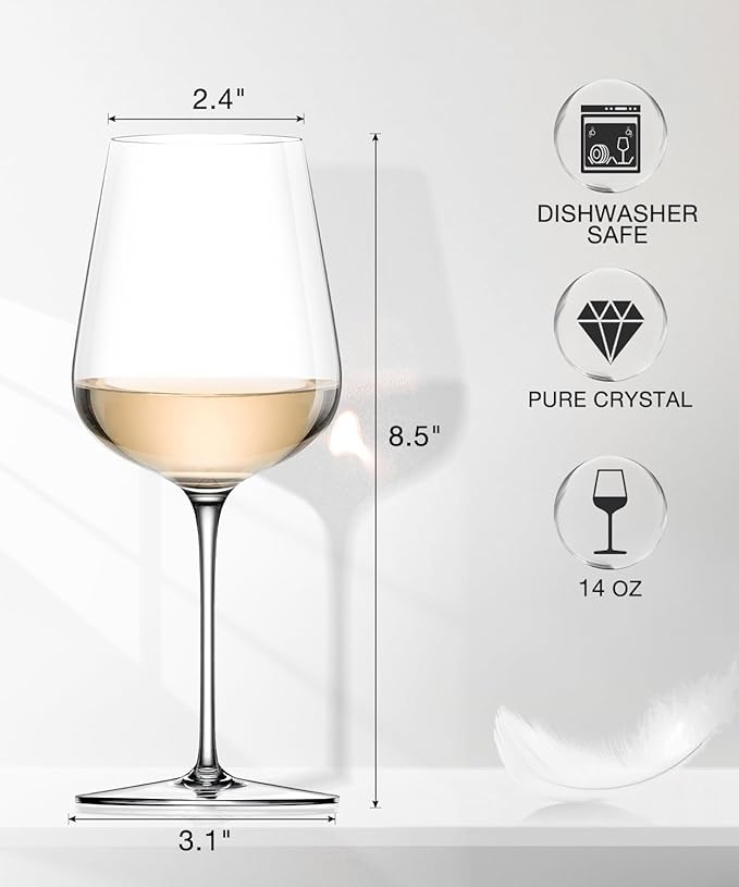LUNA & MANTHA White Wine Glasses Set of 4, Crystal Wine Glasses with Stem, Hand Blown 14oz, Perfect for Red，White Gift Packaging for Daily Use, Father's Day, Wedding Anniversary or Birthday