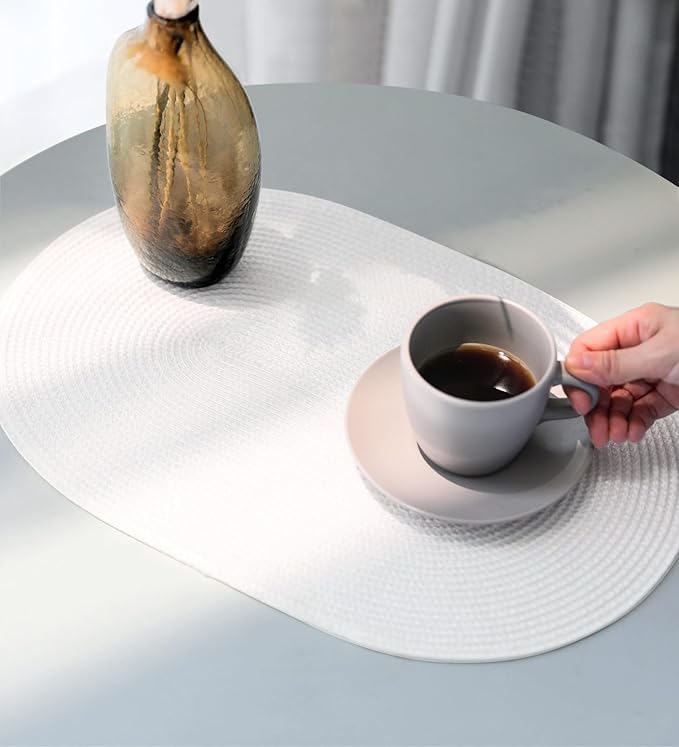 FunWheat Oval Braided Placemats Set of 6 Table Mats for Dining Tables Woven Washable Non-Slip Shining Place mats12x18 Inch Table mats for Indoor Outdoor Use((Oval White, 6pcs)