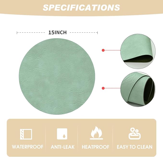 Artoid Mode Sage Faux Leather Placemats Set of 4, 15 Inch Waterproof Wipeable Heat Resistant Vinyl Place Mats, Reversible Table Mats for Spring Kitchen Dining Decor