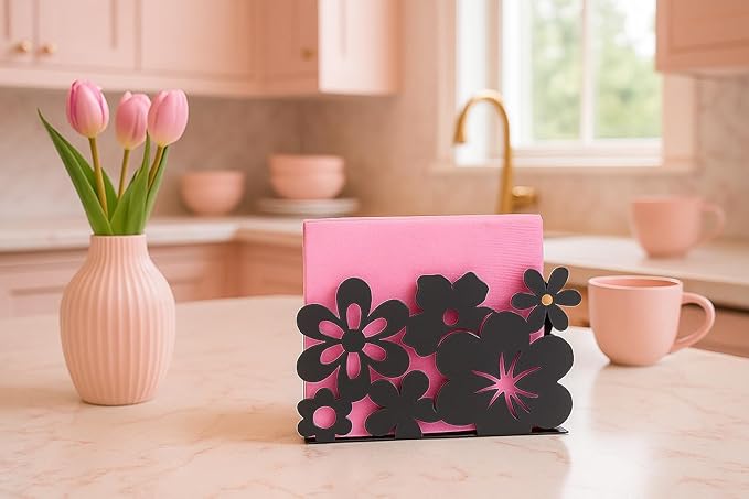 Mango Steam Tabletop Napkin/Tissue & Letter Holder For Home, Kitchen, Restaurants (Flower, Black)