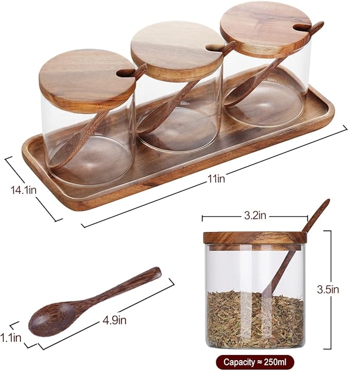 3 Pack 250ml / 8.5oz Clear Glass Spice Jar with Acacia Wooden Lid and Spoon, Classic Style, Kitchen Storage Container, 3.2 inches (diameter) x 3.5 inches (height)