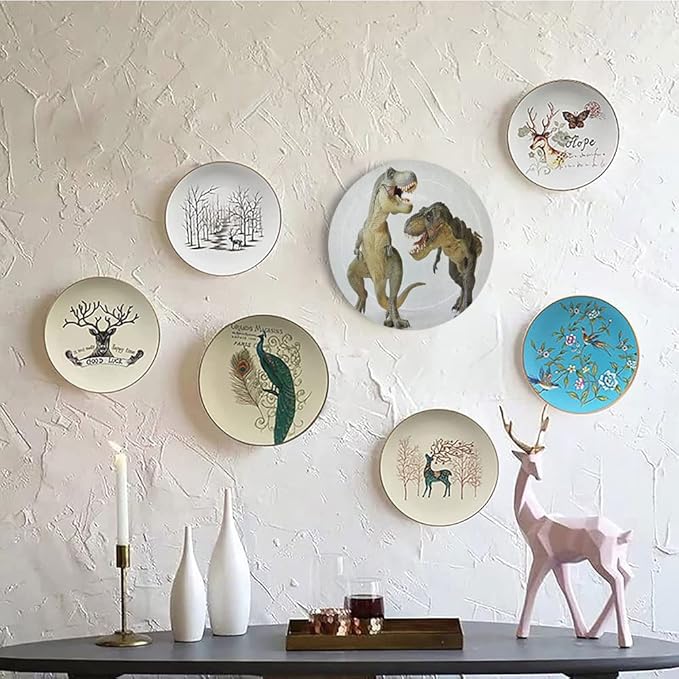 Ceramic Plates, Dinosaur Decorative Ceramic Plates, Tyrannosaurus Rex Pair Facing Off Ferocious Creatures, 6 Inch, for Dining, Parties, Wedding, Ivory Brown Grey