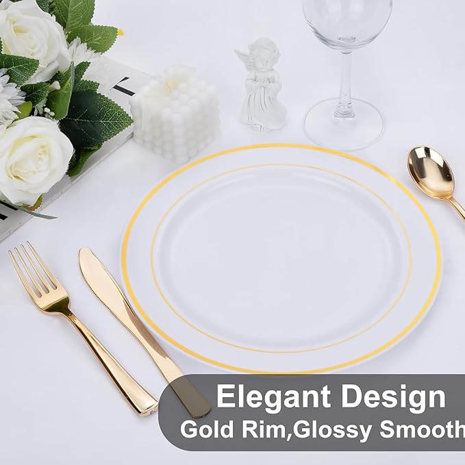WELLIFE 72PCS Gold Plastic Plate, 10.25Inch Disposable Dinner Plate Party with Gold Rim, Heavy Duty Disposable Plastic Plates for Party, Wedding, Birthday