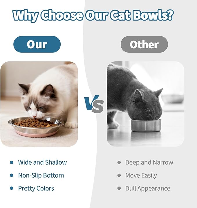 [8 Pack] Stainless Steel Cat Bowls, Cat Dishes Whisker Friendly with Non-Slip Silicone Bottom, Easy to Clean, 5.5" Shallow Wide Cat Food and Water Feeding Bowl for Indoor Outdoor Cats