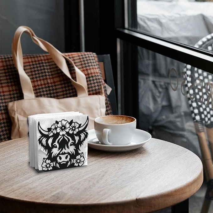 Highland Cow Decorative Black Metal Napkin Holder for Table, 5.3" x 4.8" x 2" Animal Flower Standing Napkin Holder for Home Kitchen Restaurant Picnic Party Coffee Bar Dining Room