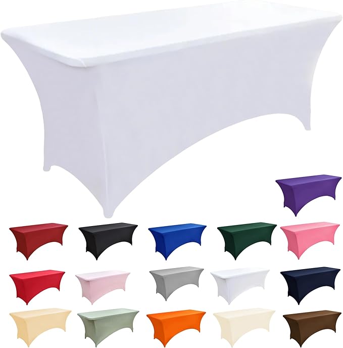 6-Pack 6ft White Spandex Table Covers for Rectangle Standard Folding Tables - Wrinkle Resistant Stretch Tablecloths - Ultimate Fitted Table Protector for Parties, Trade Shows, Wedding