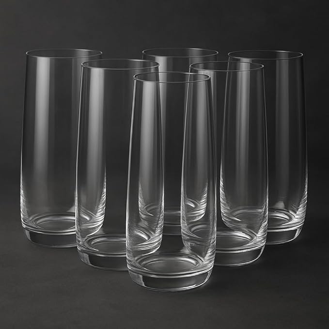 Modern Highball Glasses, 16 oz Clear Glass Tumblers for Water and Cocktails, Set of 6