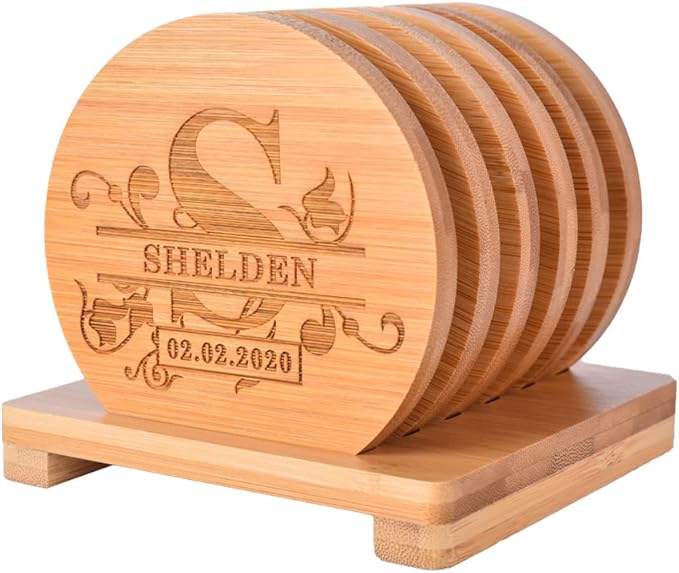 Personalized Bamboo Coasters, Custom Engraved Monogram Coasters with Holder, Great Gifts for Relatives, Friends or Yourself (Set of 6)