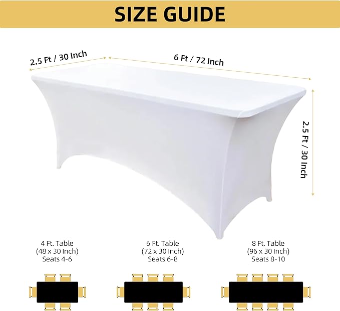 2-Pack 6ft White Spandex Table Covers for Rectangle Standard Folding Tables - Wrinkle Resistant Stretch Tablecloths - Ultimate Fitted Table Protector for Parties, Trade Shows, Banquet