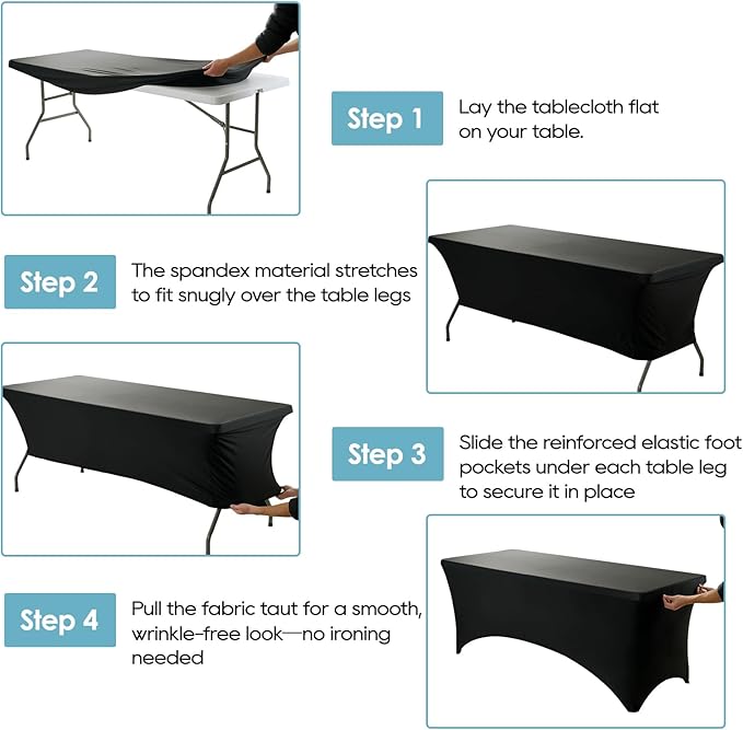 VidaFete Spandex Tablecloth 2 Pack 6FT, Fitted Stretch Table Cover for Rectangle Tables, Wrinkle Resistant and Washable Tablecloths for Outdoor, Picnic, Party, Wedding, Banquet, Birthday, Black