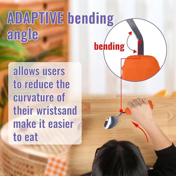 Adaptive Utensils Angled Spoon and Fork for Hand Tremors Parkinsons,Weighted Utensils with Non-Slip Easy Grip Handles for Independent Eating (1pcs Spoon+1pcs Fork=2 pcs,Orange,Right Hand)