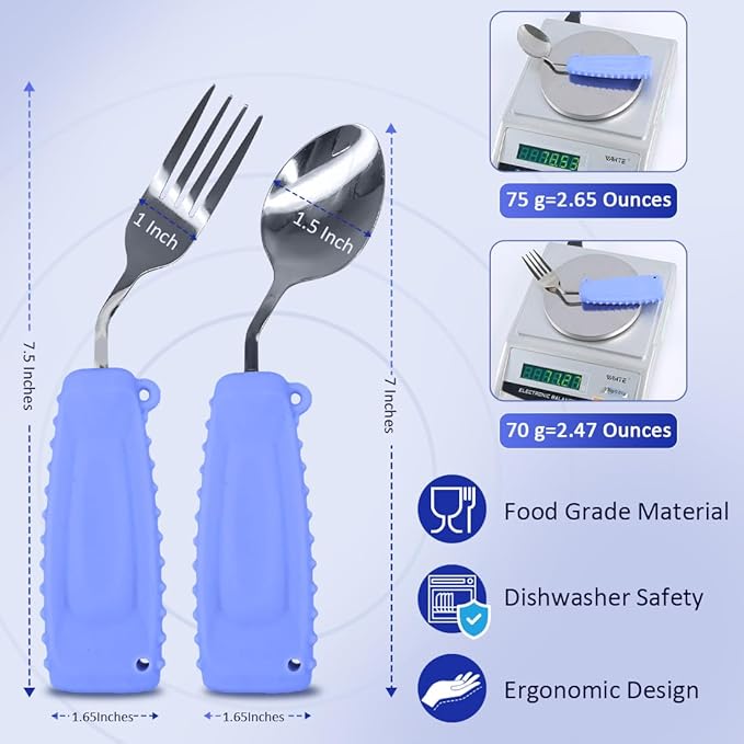 Adaptive Utensils,Curved Angled Spoon and Fork Set,for Tremors Parkinsons Limited or Elderly,Lightweight Cutlery with Non-Slip Easy Grip Handles