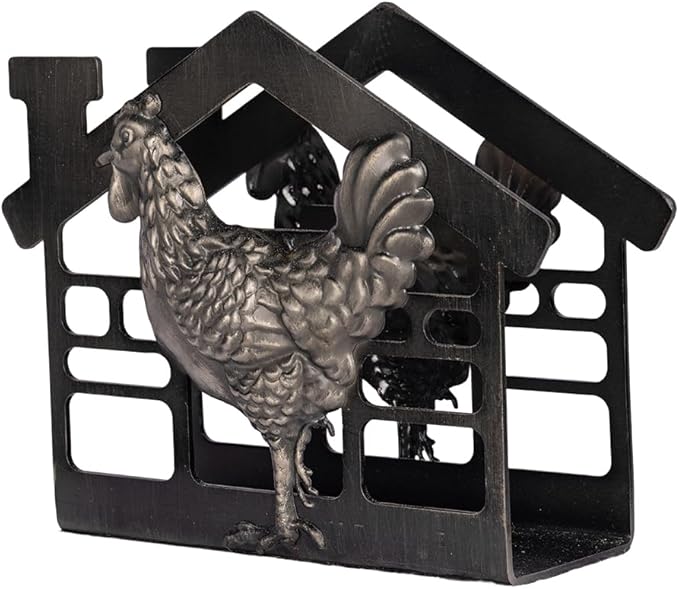 Metal Napkin Holder for Table, Antique Rooster Decorative Farm Style, Rustic Vertical Tissue Paper Napkins Holder for Paper Napkins (Rooster/Black)