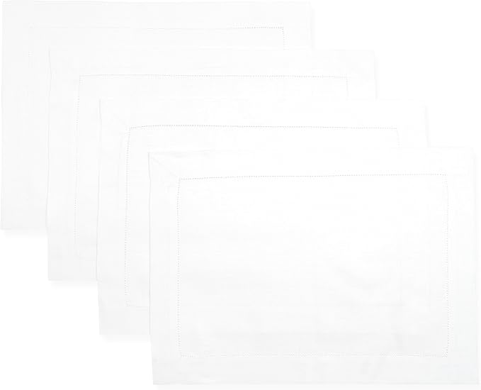 D'Moksha Homes White Linen Placemats Set of 4 - Classic Hemstitch Placemats 14 x 19 Inch - 100% Pure Linen Table Mats for Valentines, Spring, Easter - Handcrafted and Machine Washable