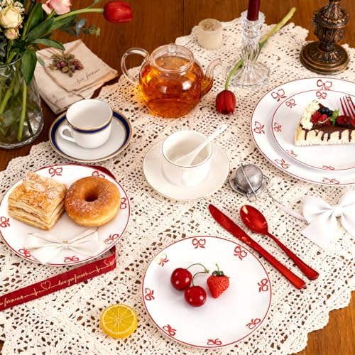 125PCS Red Bow Plastic Plates - White and Red Rim Disposable Plates - 50 Elegant Plates with Bowknot Patterns, 25 Forks, 25 Spoons, 25 Knives for Birthday Wedding Party - Image 6