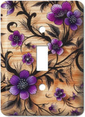 Purple Flowers on Wood Grain Patterned Metal Light Switch Plate, Switch Plate Cover, Wall Plates, UL Listed, CSA Approved