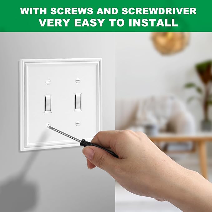 White Modern Decorative Wall Plate Light Switch Cover Decorator Outlet Covers Rocker Switch Plates Bamboo Fiber Material Wall Plates for Kitchen Bathroom (2 Gang Double Toggle-2 Pack)