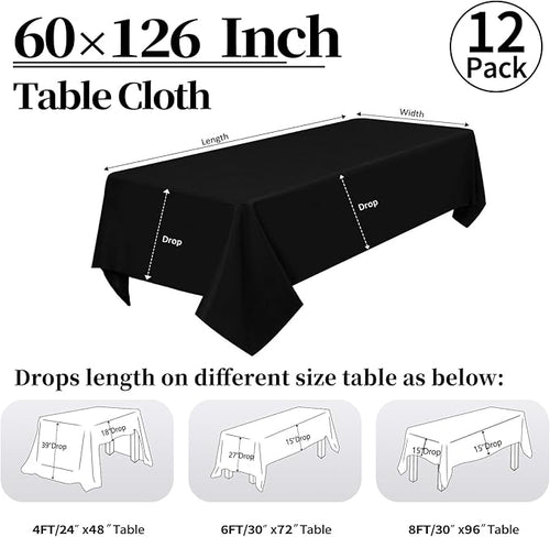 12 Pack Black Tablecloth 60 x 126 Inch Rectangular Table Cloth for 8 Foot Rectangle Tables, Wrinkle Resistant Washable Polyester Fabric Table Covers for Wedding Party Banquet Buffet