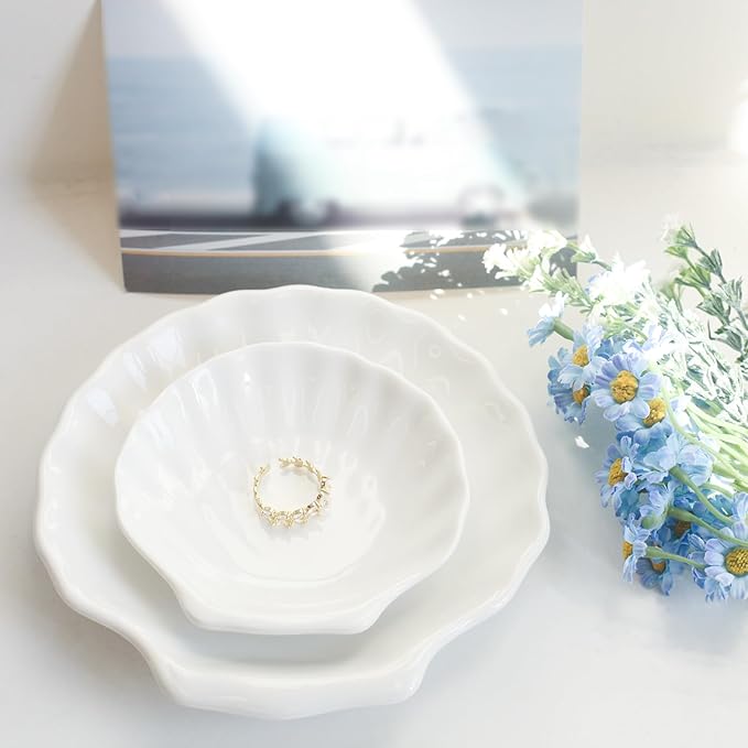Shell Ring Dish Tray, Ceramic Jewelry Tray Trinket Dish, Seashell Key Holder Bowl, Beach Room Coastal Decor Aesthetic, Ocean Bathroom Counter Decor, White, Large