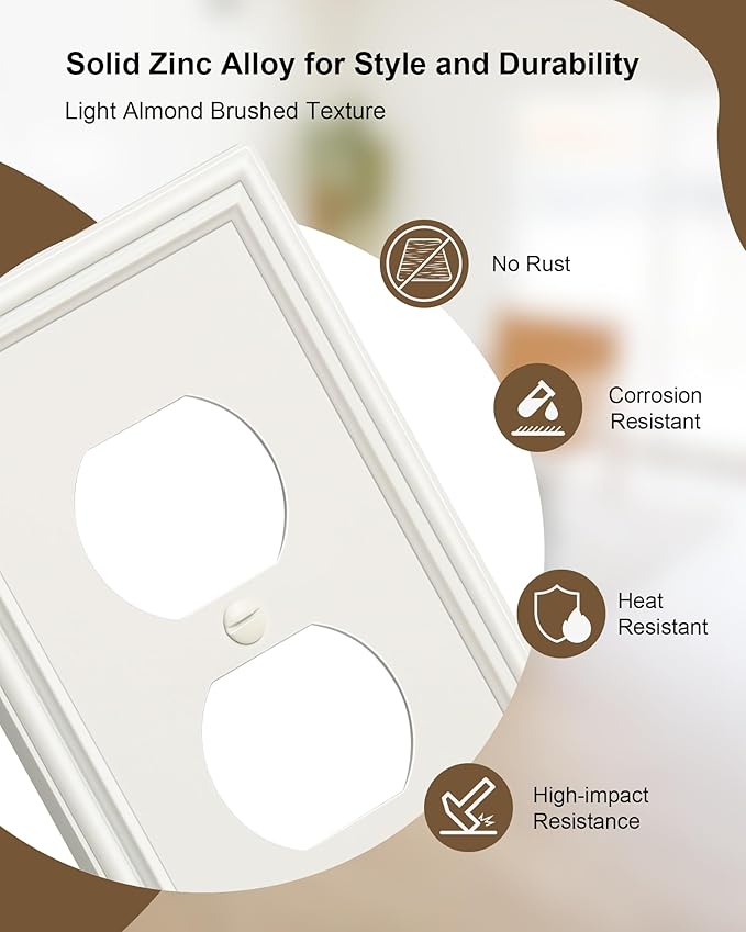 4-Pack Duplex Outlet Cover, Durable Solid Zinc Alloy Decorative Switch Plates and Outlet Covers, Light Almond Wall Plates for Electrical Outlets, 1 Gang Receptacle Cover, Corrosion Resistant