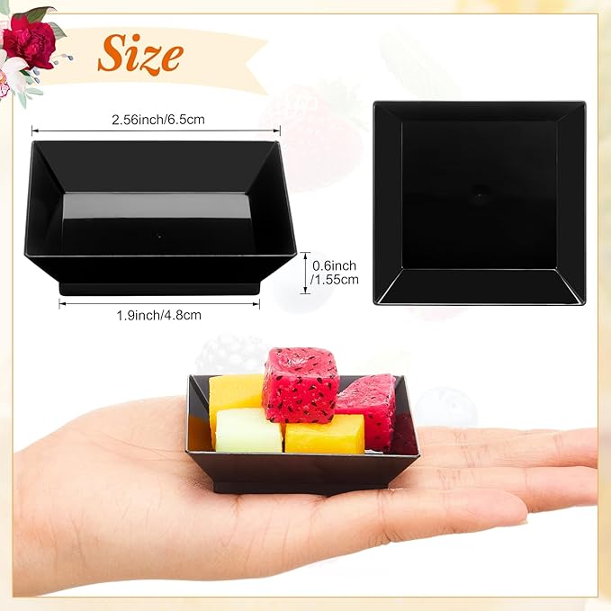 200 Pieces Mini Square Dessert Plates 2.5 x 2.5 Inch Disposable Appetizer Plates Small Clear Plastic Dish for Dessert Salad Appetizer Sauces Tastings Cake Wedding Party Serving (Black)