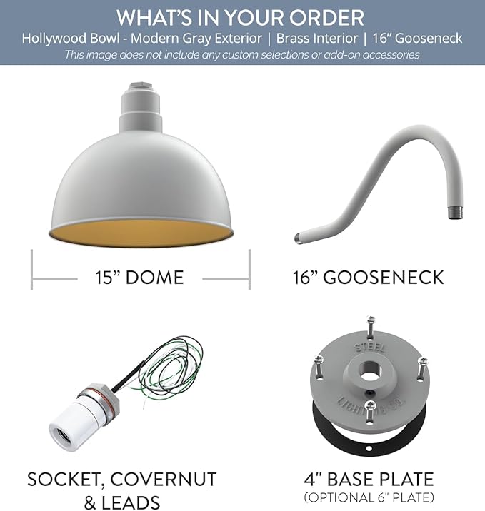 Steel Lighting Co. Hollywood Bowl Light | Outdoor Wall Mounted | 15 inch Bowl Dome | 16" Gooseneck | Barn Light Made in America | Modern Gray Exterior/Brass Interior