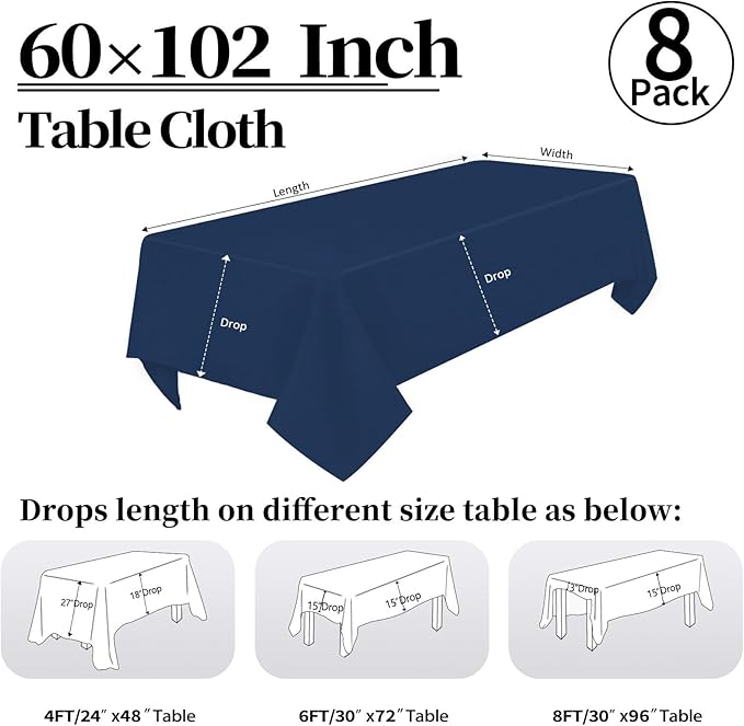 8 Pack Navy Blue Tablecloth 60 x 102 Inch Rectangular Table Cloth for 6 Foot Rectangle Tables, Wrinkle Resistant Washable Polyester Fabric Table Covers for Wedding Party Banquet Buffet and Camping