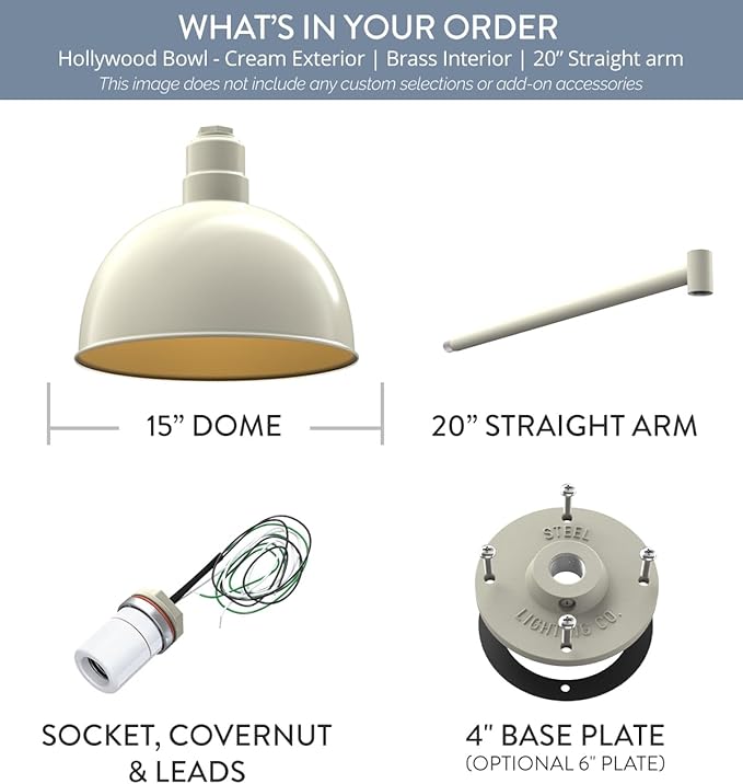 Steel Lighting Co. Hollywood Bowl Light | Outdoor Wall Mounted | 15 inch Bowl Dome | 20" Straight Arm | Barn Light Made in America | Cream Exterior/Brass Interior