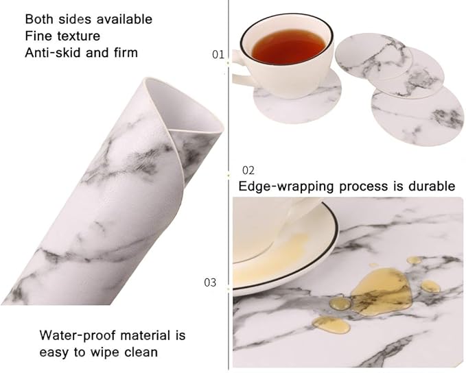 Marble Round Placemats and Coasters, Faux Leather Waterproof Table Mats, Easy to Wipe Off for Kitchen Dining Round Table