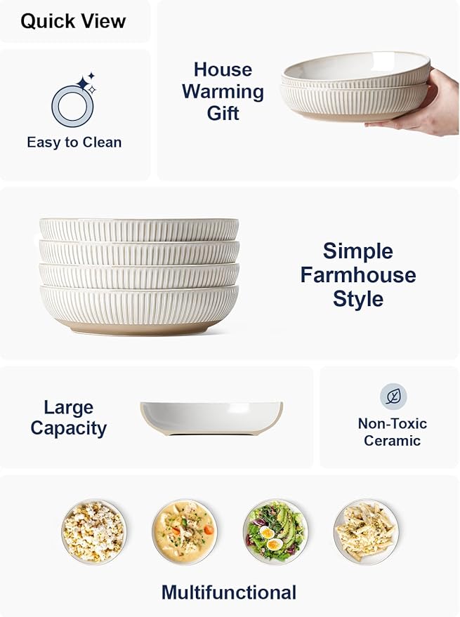 LE TAUCI Pasta Bowls 46oz, Large Salad Bowl, Ceramic Embossment Stoneware Serving Plate Bowl for Fruits, Noodle, Dinner, House-warming Wedding Present - 9 Inch, Set of 4, Arctic White