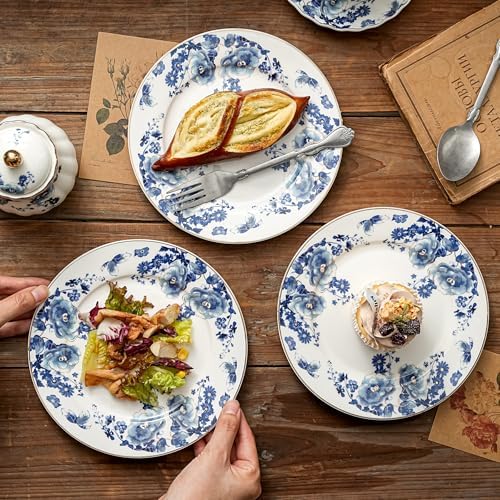 Agyiuns Porcelain Floral Plates, 8in Set of 4 Round Small Appetizer Dessert Plates for dessert，bread (Blue flowers) - Image 3