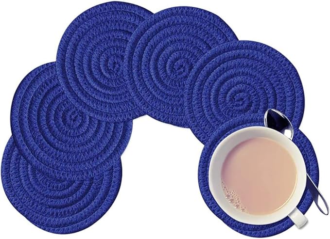 4 Pack Oval Woven Placemats, Blue Cotton Woven Plate Chargers with 4 Pack Round Coasters, Thick Heat Insulation Mats Household Table Mats Braided Bowl Mats Fabric Rustic Placemats for Dining