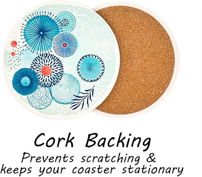 AD Set of 6 Coasters for Drinks Absorbing Round Ceramic Stone Coaster with Cork Base Tabletop Protection Mat for Mugs and Cups,Office,Kitchen (Color Droplets)