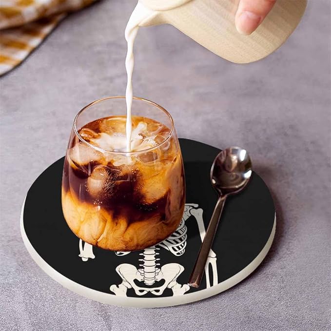 Human Skeleton Posing Drink Coaster for Tabletop Protection Happy Skeleton Rock Skull Non-Slip Cups Place Mats Home Decor Diatomite Material for Men Women