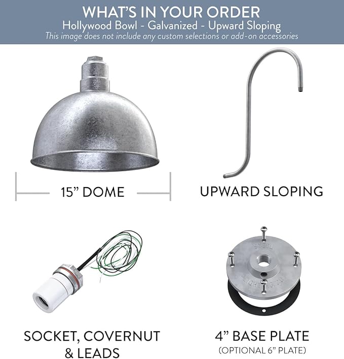 Steel Lighting Co. Hollywood Bowl Light | Outdoor Wall Mounted | 15 inch Bowl Dome | Upslope Gooseneck | Barn Light Made in America | Galvanized Exterior/Galvanized Interior