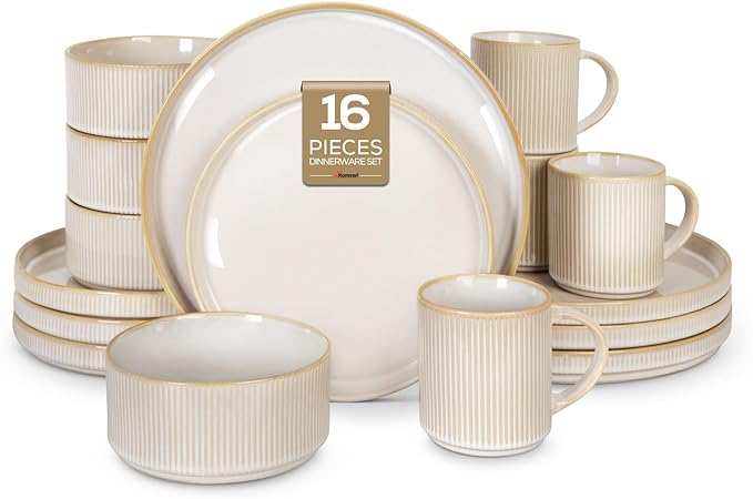 Romswi Stoneware Dinnerware Set for 4, 16Pcs Plates and Bowls Sets with Mugs, Chip & Scratch Resistant Dish Set, Handmade Reactive Glaze Plate Set, Oven,Microwave and Dishwasher Safe, Cappuccino White