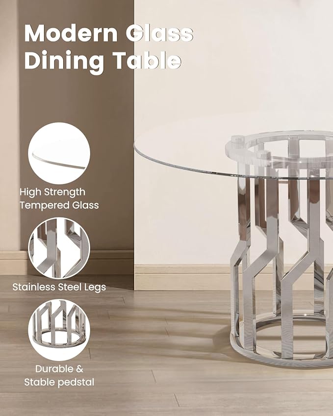 38.9" Round Glass Dining Table Set for 4, Modern 5 Piece Kitchen Table Set with Silver Stainless Steel Base & 4 PU Leather Accent Chairs, Saving Space, Dining Set for Apartment, Home - White Chair