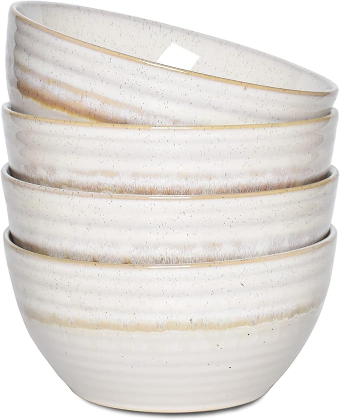 Bosmarlin Ceramic Cereal Bowl Set of 4, 26 Oz, Soup Bowl for Oatmeal, Salad, Dishwasher and Microwave Safe, Reactive Glaze (Beige, 6 in)