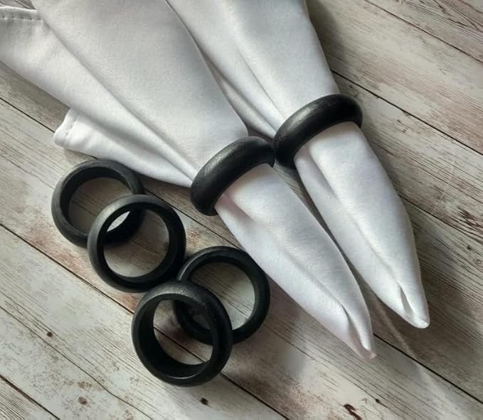 Handmade Wooden Napkin Ring Made by Artisan Beautifully Crafted and Designed in India Black Set of 12 (BH)