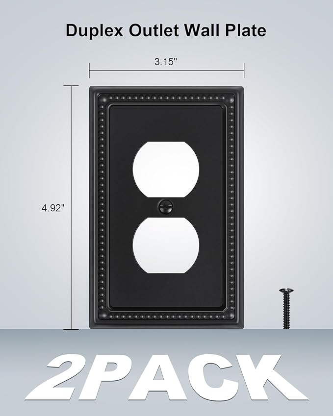2-Pack Duplex Outlet Cover, Black Metal Wall Plates for Electrical Outlets, 1 Gang Receptacle Light Switch Cover, Pearls Beaded Decorative Switch Plates and Outlet Covers